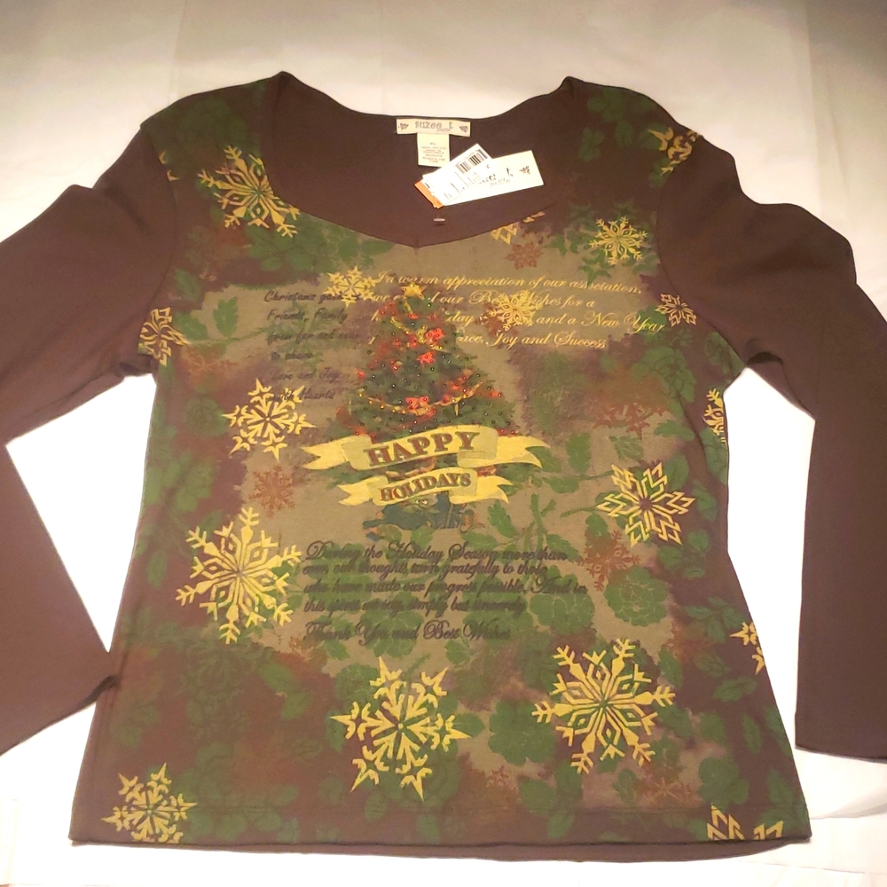 Suzee NEW Womens PL Jewel Shirt Tee Top Cotton Sweater Holidays Long Sleeve
